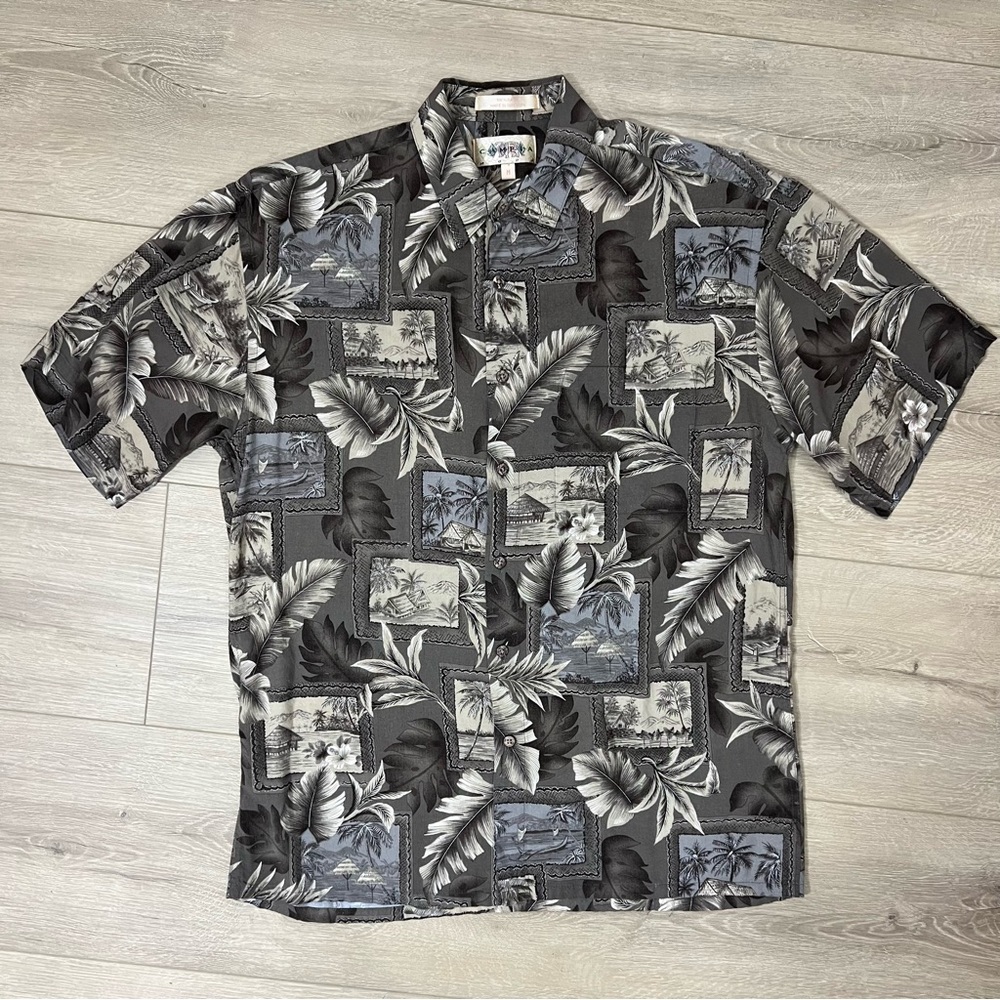 Vintage Campia Moda Hawaiian Shirt Medium Gray Palm Trees Short Sleeve Button
